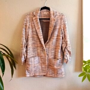 Max Studio Preppy Plaid Slouchy Cream Tan Tweed Woven Soft Oversized Blazer S